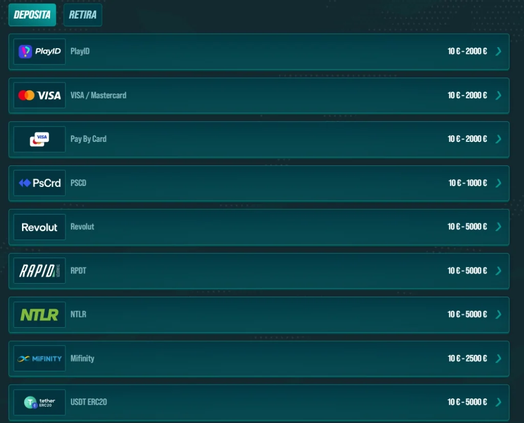 Golisimo Casino Einzahlungsmethoden mit PlayID, Visa, Revolut, MiFinity und USDT