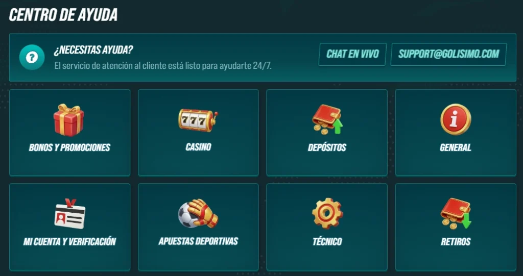 Golisimo Casino Hilfezentrum mit Live Chat, Support E-Mail und Themenbereichen