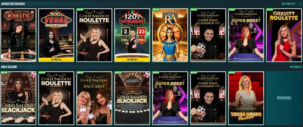 Golisimo Casino Live Casino Lobby mit Gold Saloon Roulette, Blackjack und Baccarat