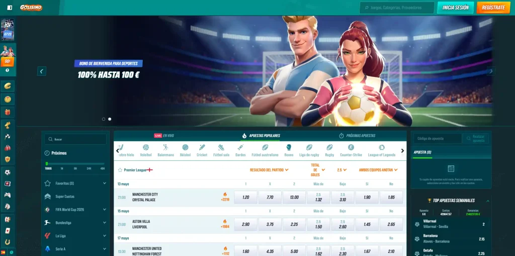 Golisimo Casino Startseite mit Sportwetten, Bonusbanner, Quoten und Wettschein